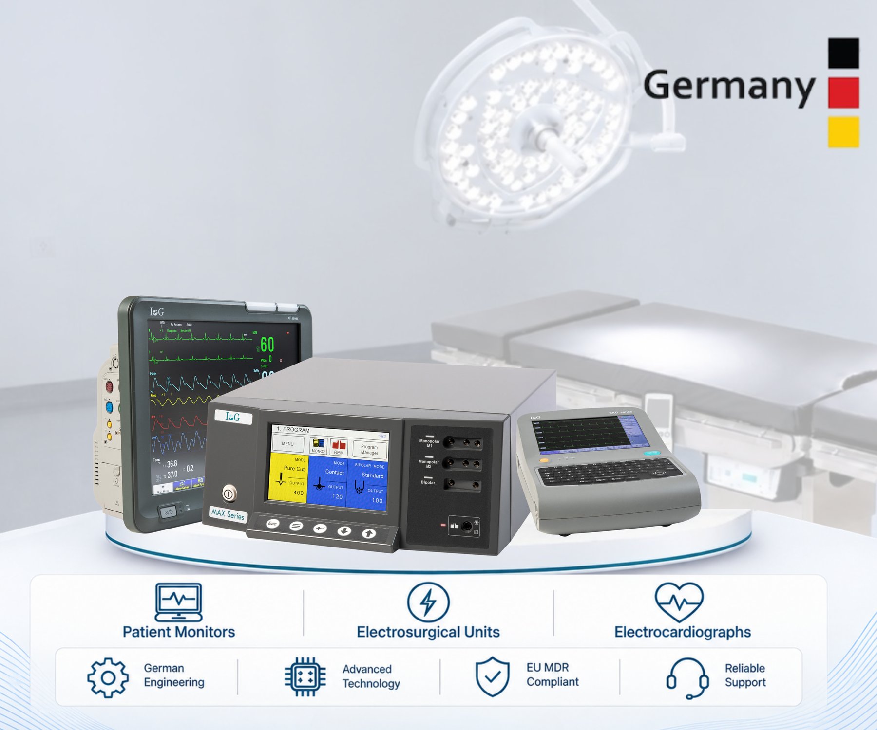 Das Begleitsortiment: ein Patientenmonitor der XP-Serie, ein Elektrochirurgiegerät der MAX-Serie und ein Elektrokardiograph der EKG-Serie unter einer Operationsleuchte