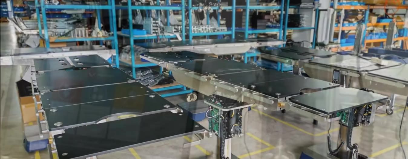 Operating tables under assembly on the production floor at IG Medical in Bremen